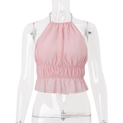 Street-Style Sexy Hollow-out Pleated Solid-Color Halter Tank Top