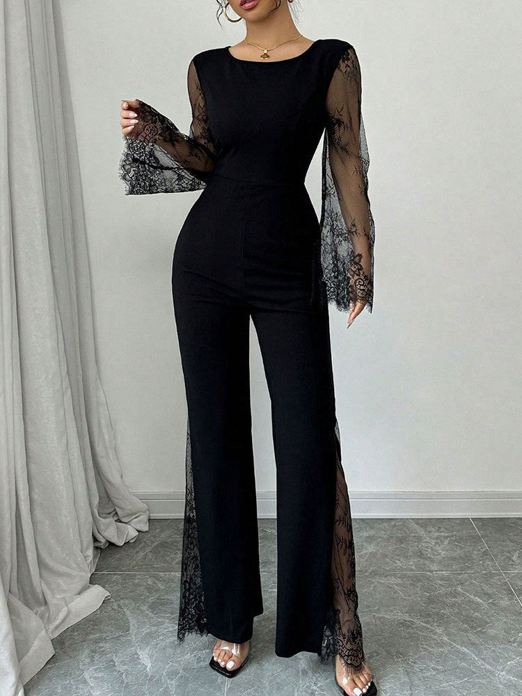 Lace-embellished Long-sleeve Crew-neck Bodycon Jumpsuit With A Cinched Waist And Hip-lifting Design