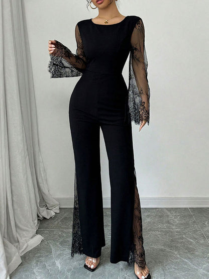 Lace-embellished Long-sleeve Crew-neck Bodycon Jumpsuit With A Cinched Waist And Hip-lifting Design