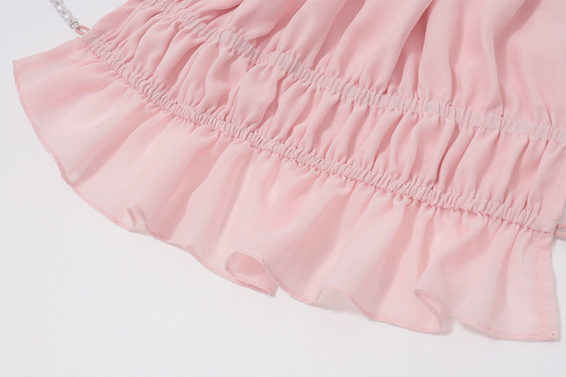 Street-Style Sexy Hollow-out Pleated Solid-Color Halter Tank Top