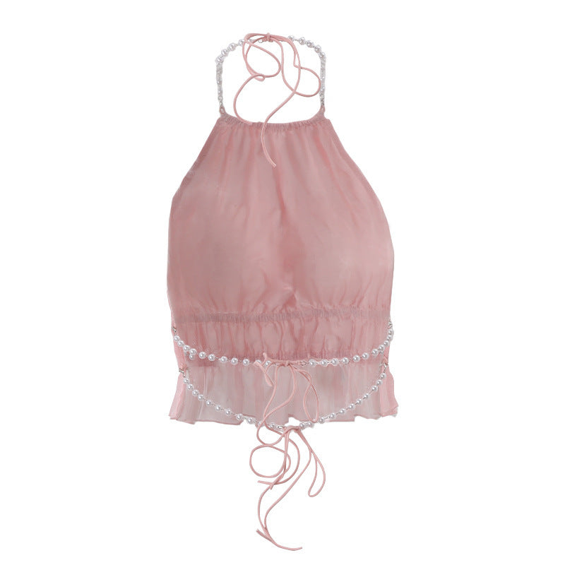 Street-Style Sexy Hollow-out Pleated Solid-Color Halter Tank Top