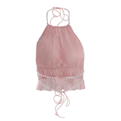 Street-Style Sexy Hollow-out Pleated Solid-Color Halter Tank Top