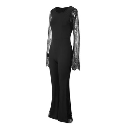 Lace-embellished Long-sleeve Crew-neck Bodycon Jumpsuit With A Cinched Waist And Hip-lifting Design