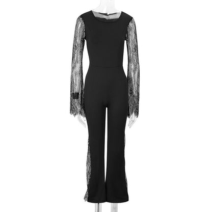Lace-embellished Long-sleeve Crew-neck Bodycon Jumpsuit With A Cinched Waist And Hip-lifting Design