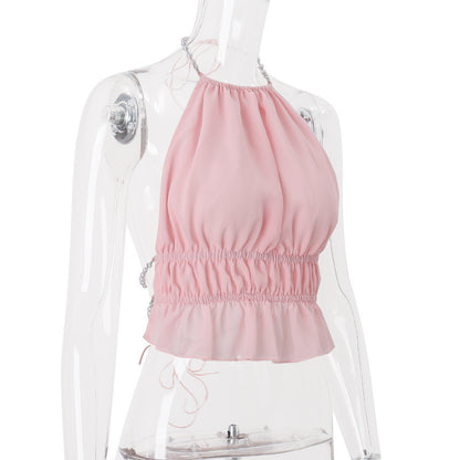Street-Style Sexy Hollow-out Pleated Solid-Color Halter Tank Top