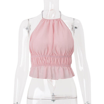 Street-Style Sexy Hollow-out Pleated Solid-Color Halter Tank Top