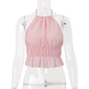 Street-Style Sexy Hollow-out Pleated Solid-Color Halter Tank Top