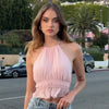 Street-Style Sexy Hollow-out Pleated Solid-Color Halter Tank Top